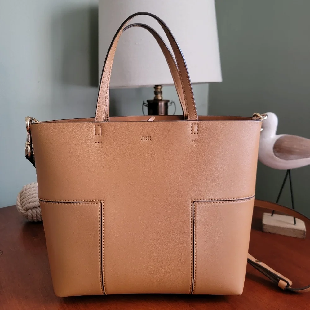 Tory Burch Block-T Small Tote Camel Leather Crossbody Bag
